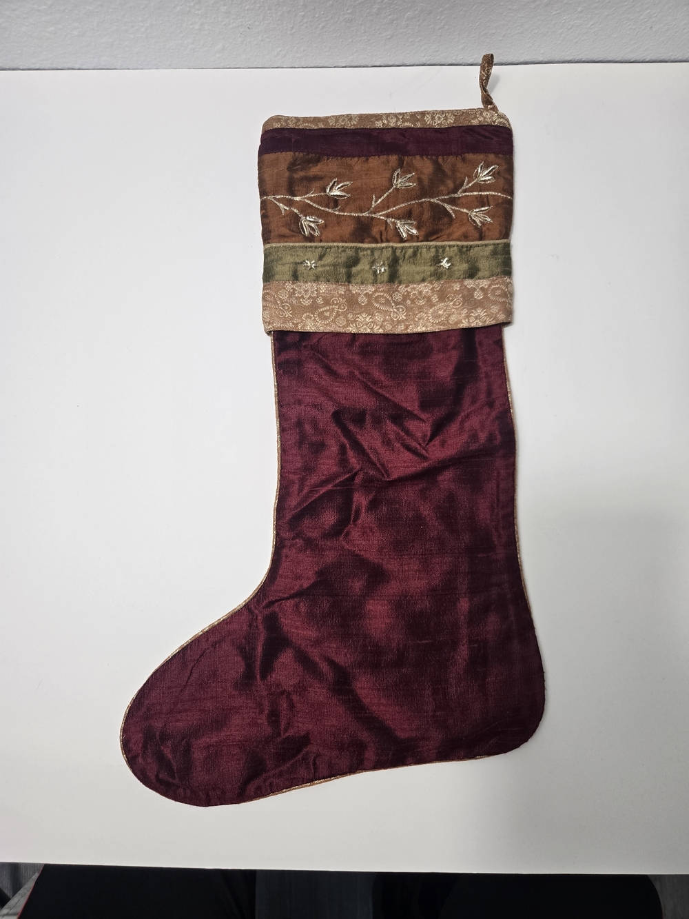 Crate & Barrel Velvet Stocking in Burgundy with Embroidered Cuff